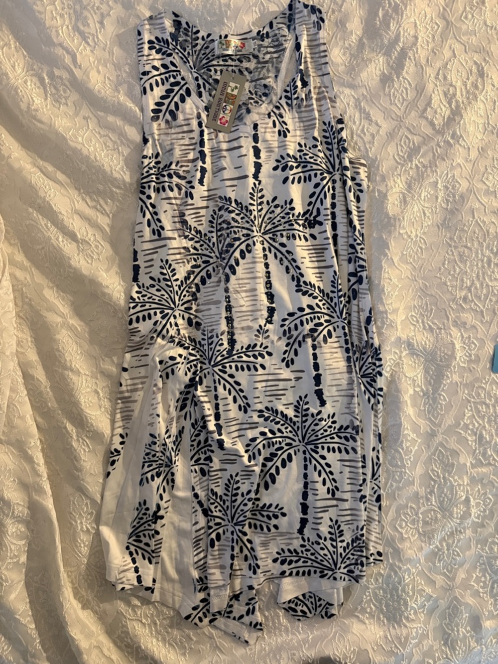 India Boutique Palm Tree Print Sleeveless Dress - Navy on White one size